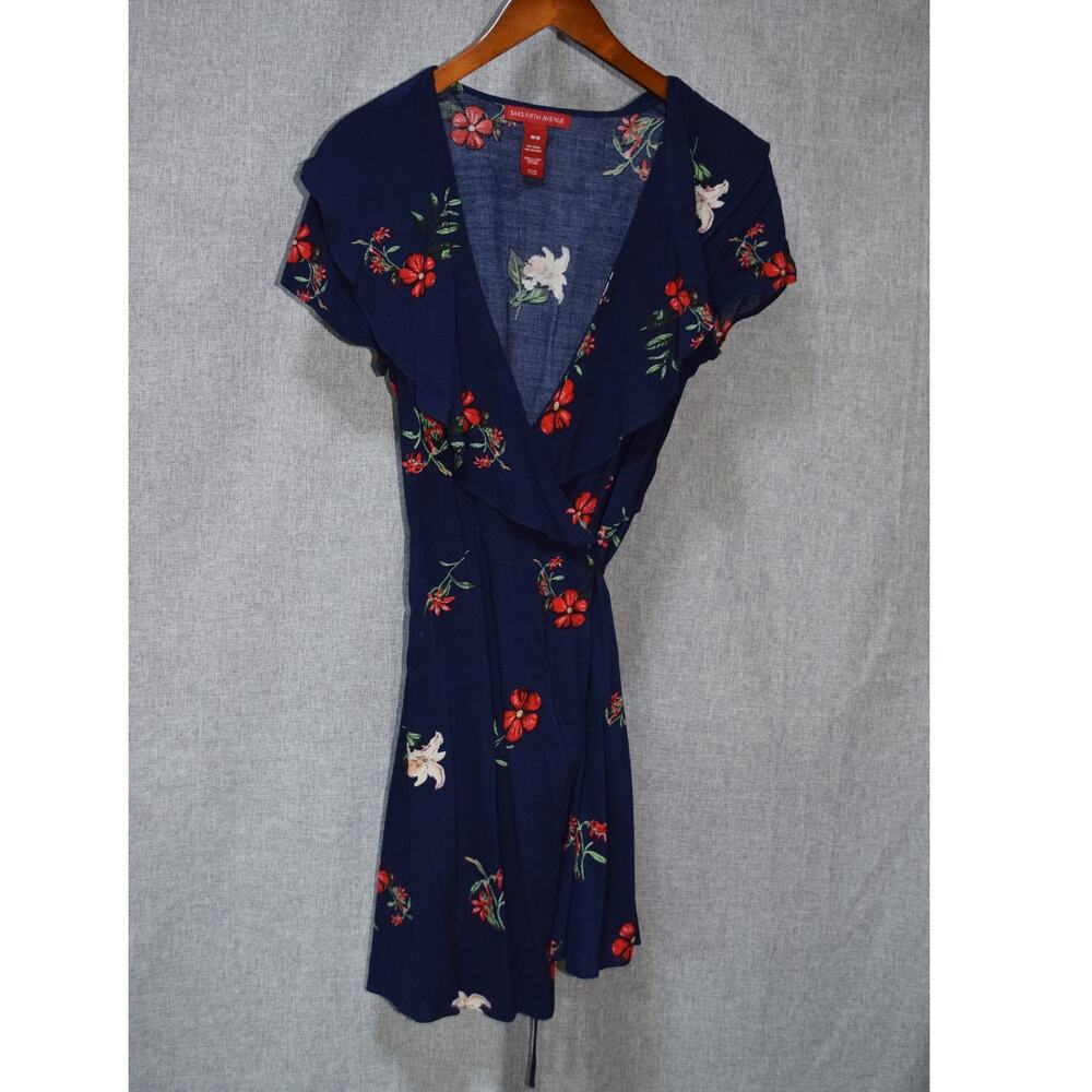 Saks Fifth Avenue Floral Wrap Dress Navy Rayon Ruffle Women’s M